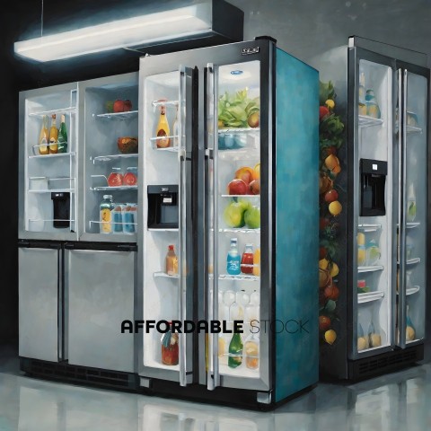Two Refrigerators with Fruit and Bottles