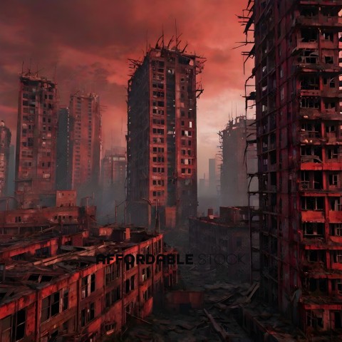 A cityscape with a red sky and crumbling buildings