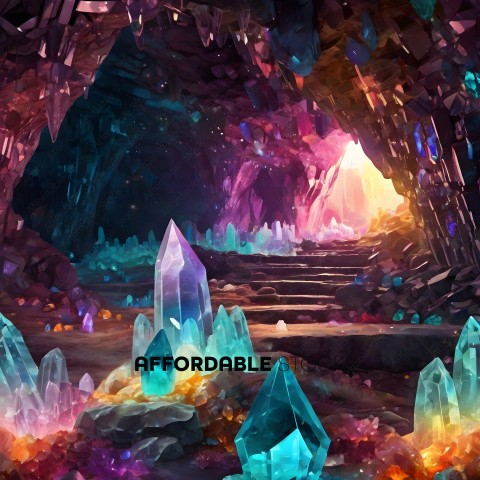 A colorful, fantastical scene of a cave with a staircase and many crystals