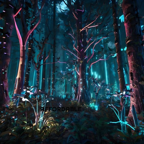 A forest with a blue glow and purple trees