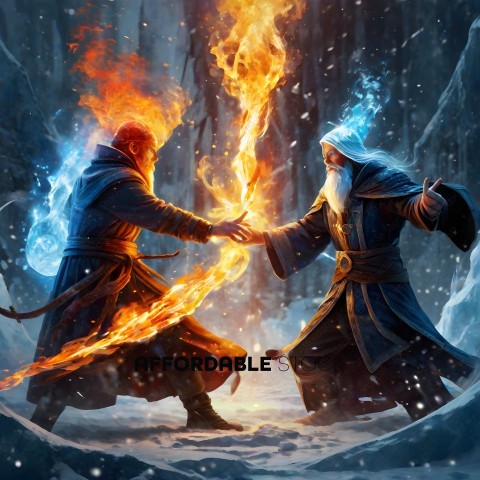 Two wizards with fire and ice magic fight