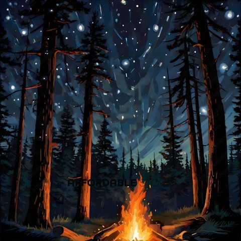 A painting of a forest at night with a fire