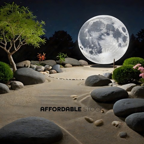 A night scene of a rocky landscape with a full moon