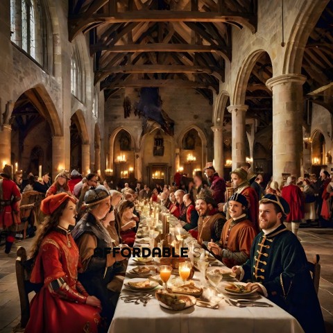 A group of people dressed in medieval clothing are sitting at a long table