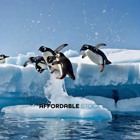 Penguins jumping off iceberg
