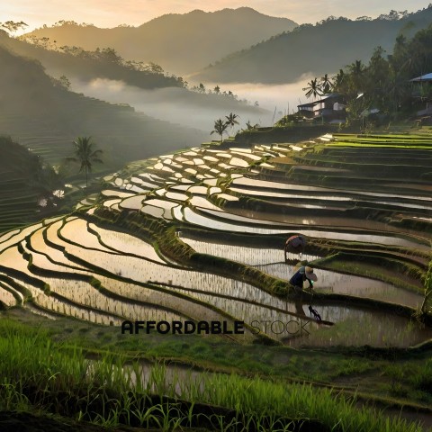Two people working on a rice paddy in a mountainous region