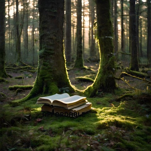 A book is open and sitting on the ground in a forest
