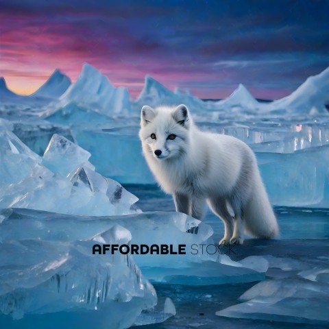 A white fox standing in front of a large ice formation
