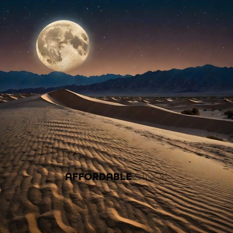 A moonlit night in the desert with sand dunes