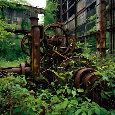 A rusted metal structure with a lot of gears and plants growing on it