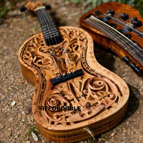 A handmade wooden violin with intricate carvings