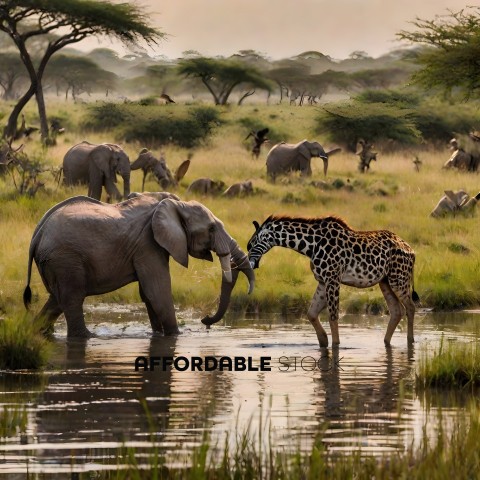 A giraffe and an elephant drinking water together