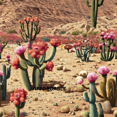 A desert scene with cactus and flowers