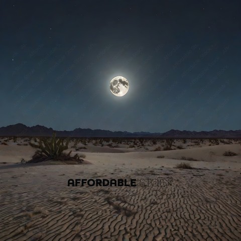 A desert landscape at night with a full moon