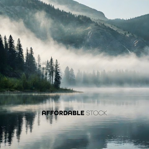 A mountain lake with fog and trees