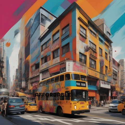 A colorful city street with a yellow double decker bus