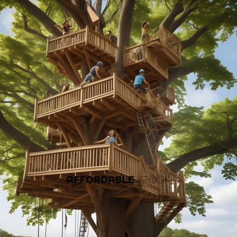 A group of people are on a tree house