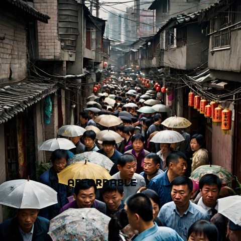 Crowd of people walking down a narrow alleyway with umbrellas