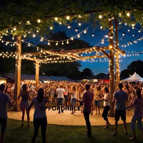 A large group of people are gathered at night under a canopy of lights