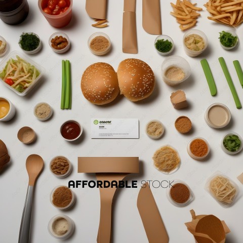 A variety of foods and utensils on a white table