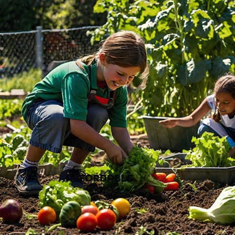 Two children planting vegetables in a garden