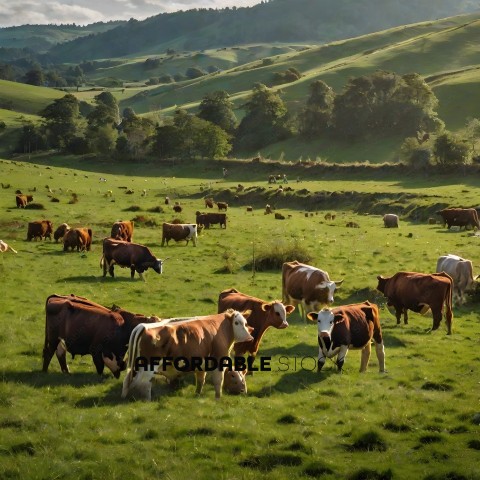 Cows grazing in a green pasture