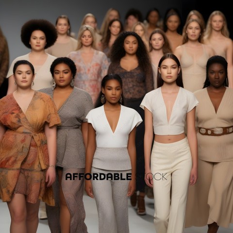 Models in a fashion show line up on a runway