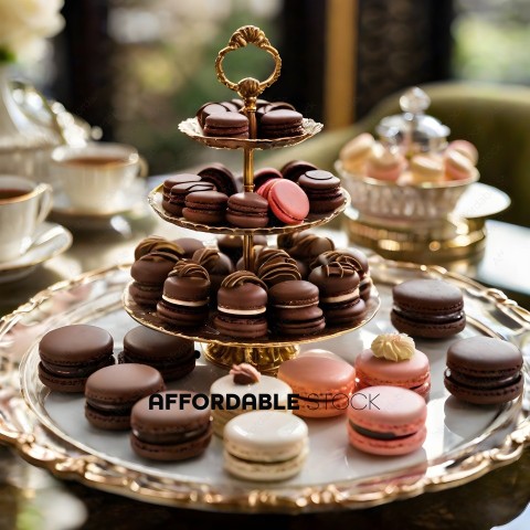 A fancy dessert platter with macaroons and chocolates