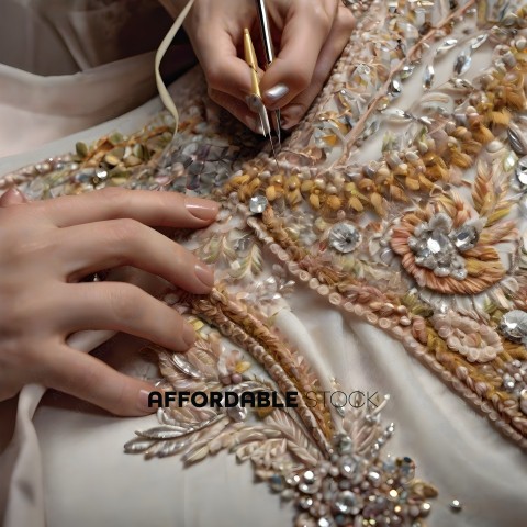A woman is sewing a piece of clothing with a needle and thread