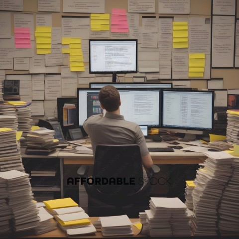 Man working at a desk with a lot of paperwork