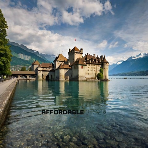 A castle sits on a rocky island in a lake