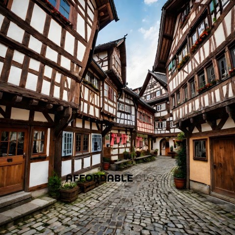 A quaint European village with cobblestone streets and old buildings