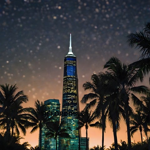 Tall building with lights on at night with palm trees in the background