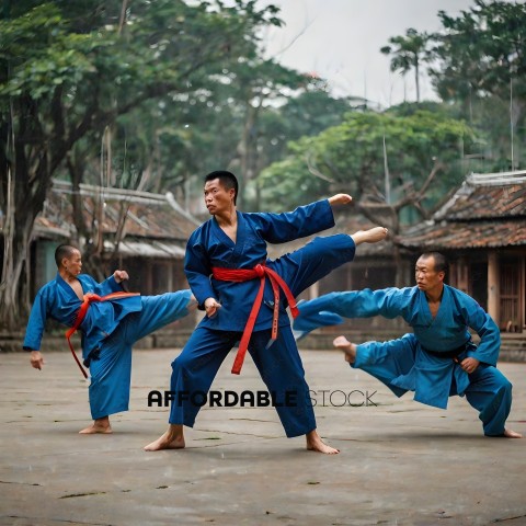 Three men in blue karate uniforms performing a karate move