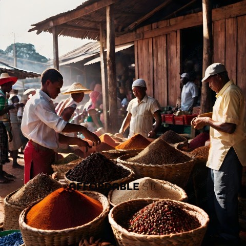 Men in a marketplace with baskets of spices