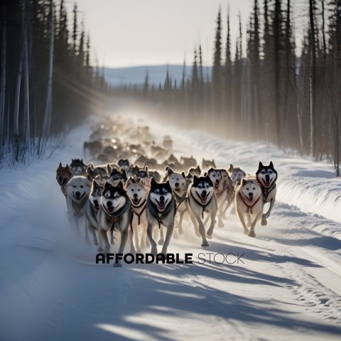 Herd of dogs running through snowy landscape