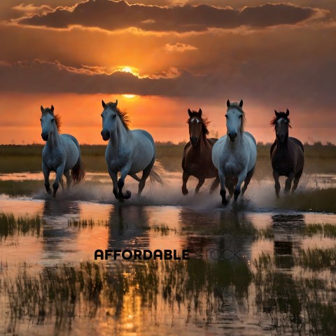 Horses running through water at sunset