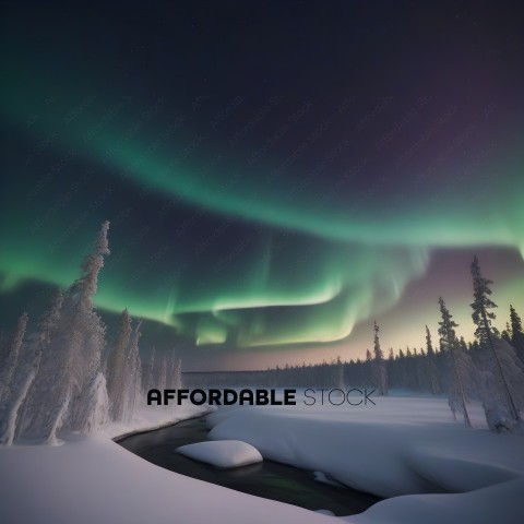 Snowy Scenery with Aurora Borealis