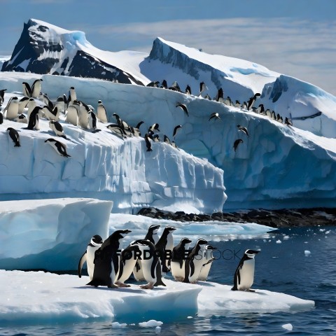 A group of penguins standing on ice