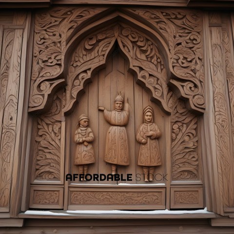 Wooden carving of a man, woman, and child