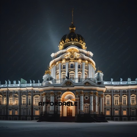 A grand building with a gold dome at night