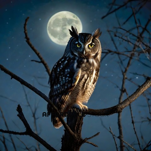 Owl perched on a tree branch at night
