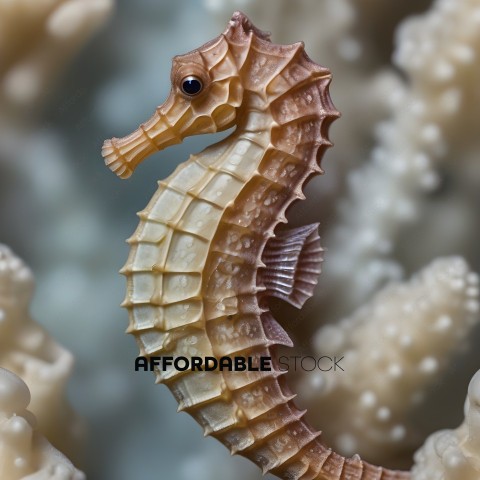 A close up of a yellow and white sea horse