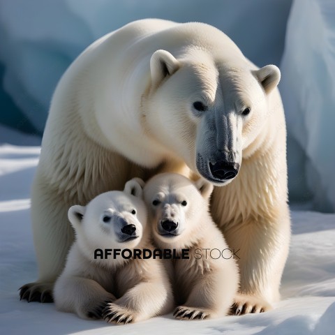 A mother polar bear and her two cubs in the snow