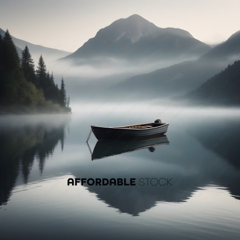 A boat sits in a mountain lake