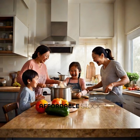Four Asian women and a child are laughing and smiling while cooking in a kitchen