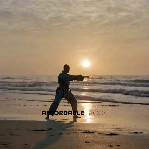 A man practicing martial arts on the beach