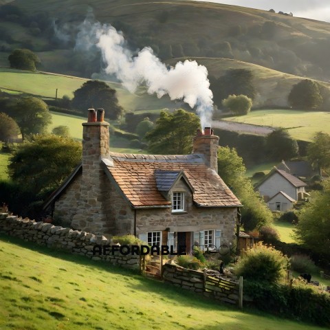A small farmhouse with smoke coming out of the chimney