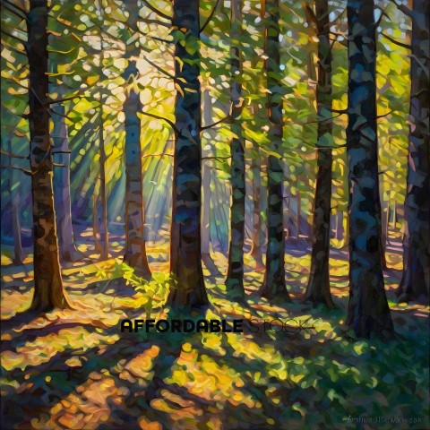 A painting of a forest with sunlight streaming through the trees