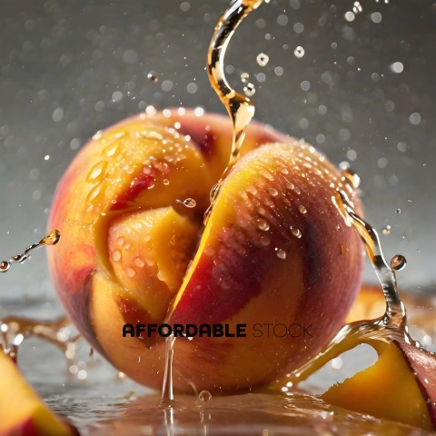 Peach with water droplets falling from it